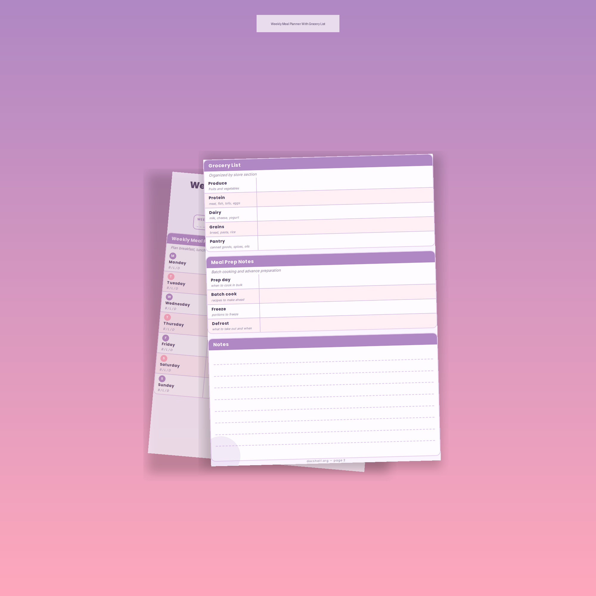 Weekly Meal Planner With Grocery List