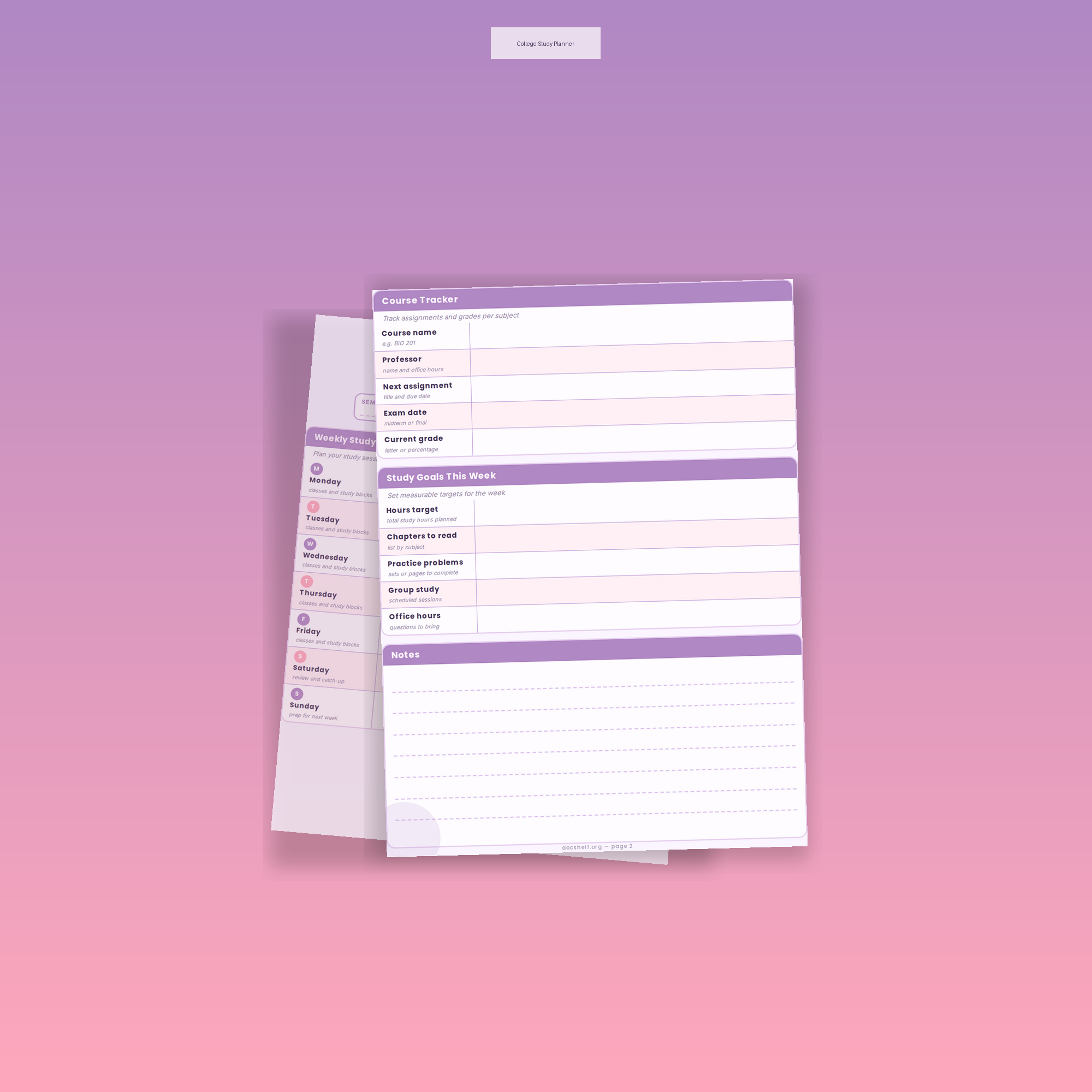 College Study Planner Printable Planner | Printable PDF