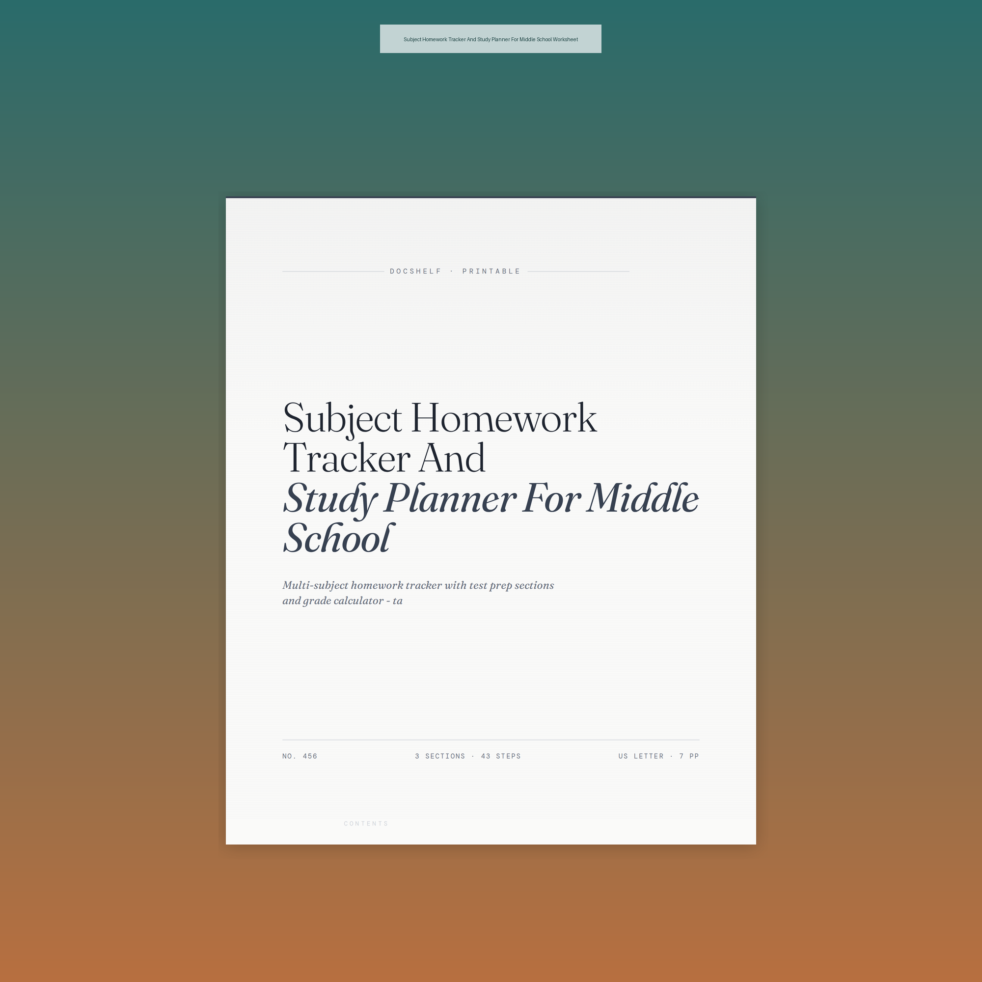 Subject Homework Tracker And Study Planner For Middle School Worksheet