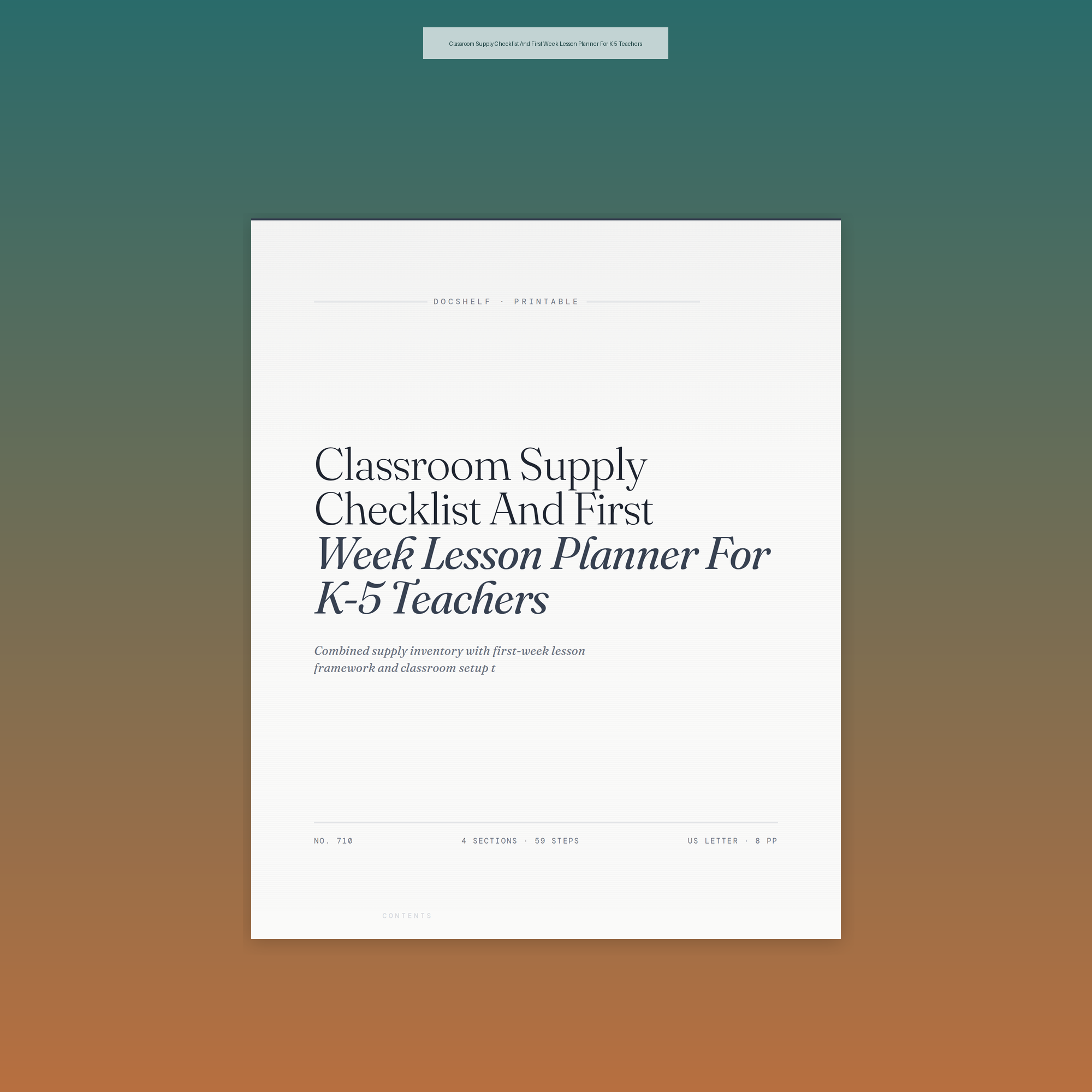 Classroom Supply Checklist And First Week Lesson Planner For K-5 Teachers