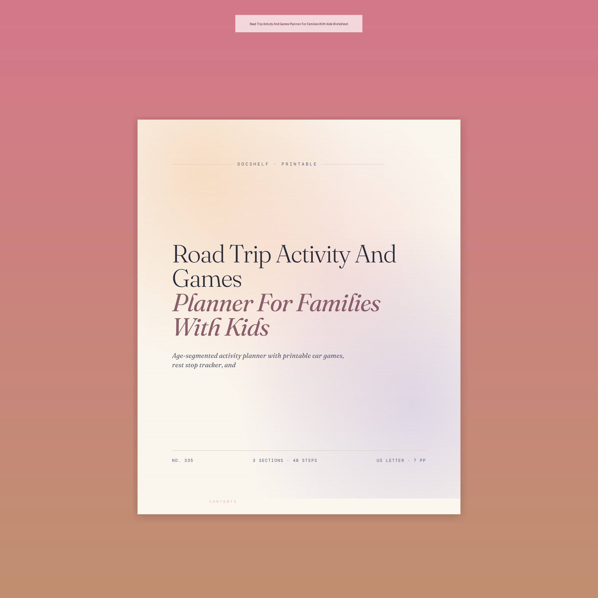 Road Trip Activity And Games Planner For Families With Kids Worksheet