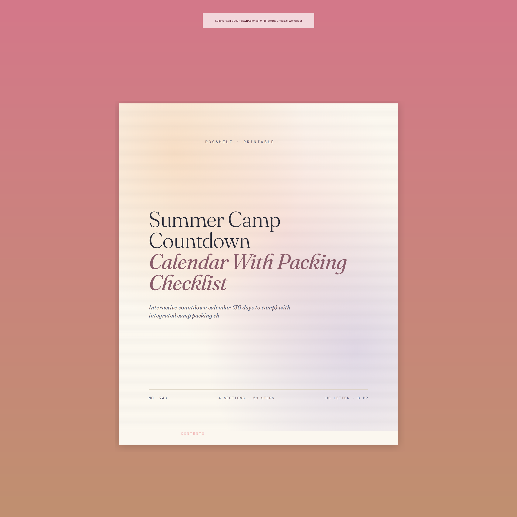Summer Camp Countdown Calendar With Packing Checklist Worksheet