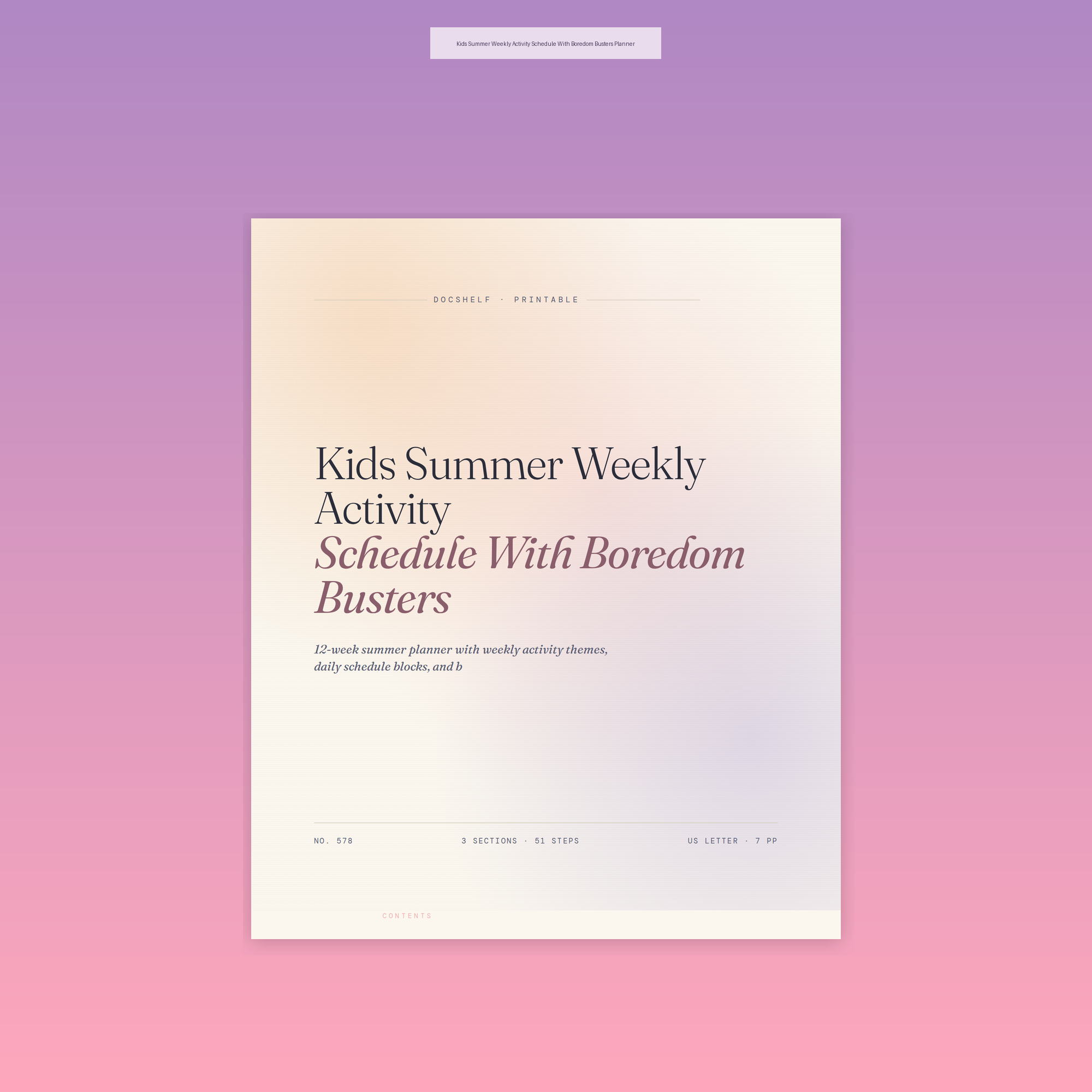 Kids Summer Weekly Activity Schedule With Boredom Busters Planner