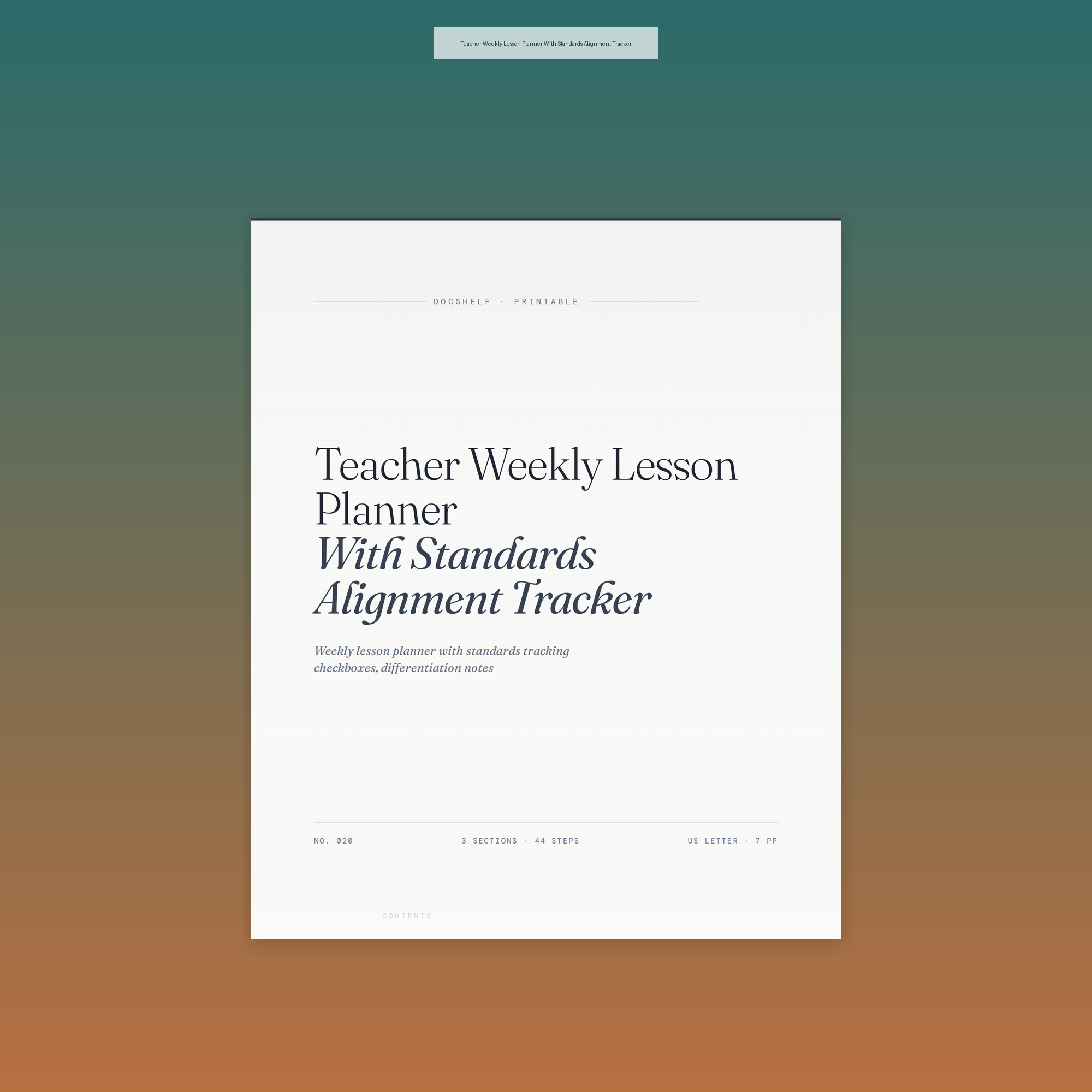 Teacher Weekly Lesson Planner With Standards Alignment Tracker