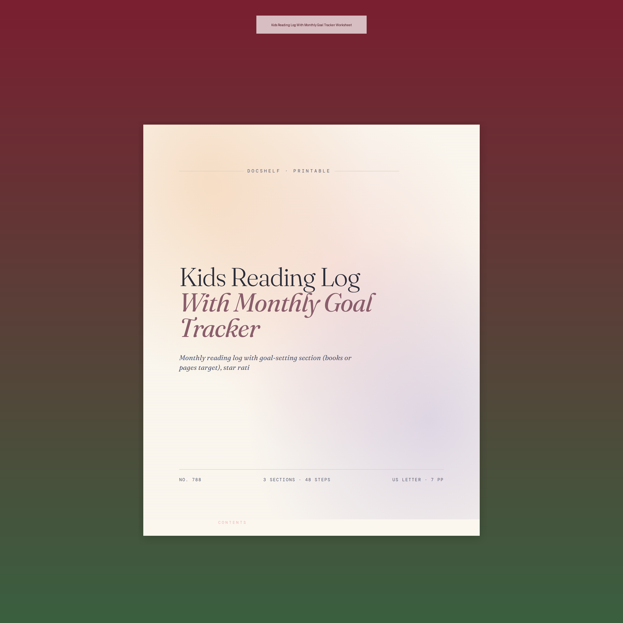 Kids Reading Log With Monthly Goal Tracker Worksheet