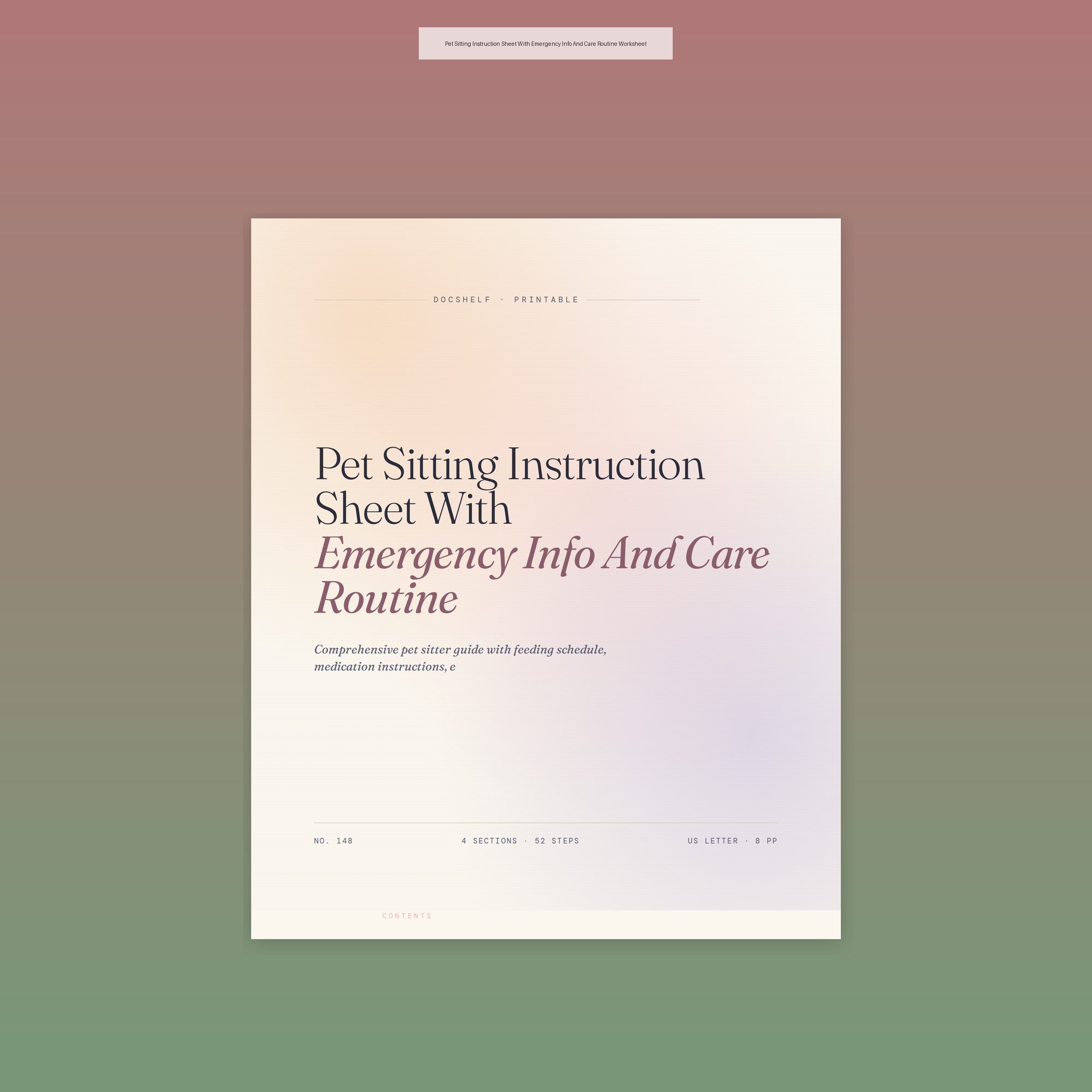 Pet Sitting Instruction Sheet With Emergency Info And Care Routine Worksheet