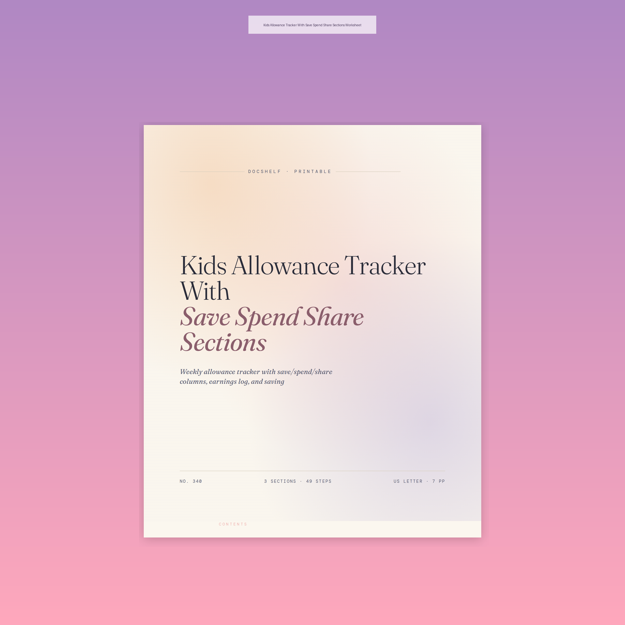 Kids Allowance Tracker With Save Spend Share Sections Worksheet