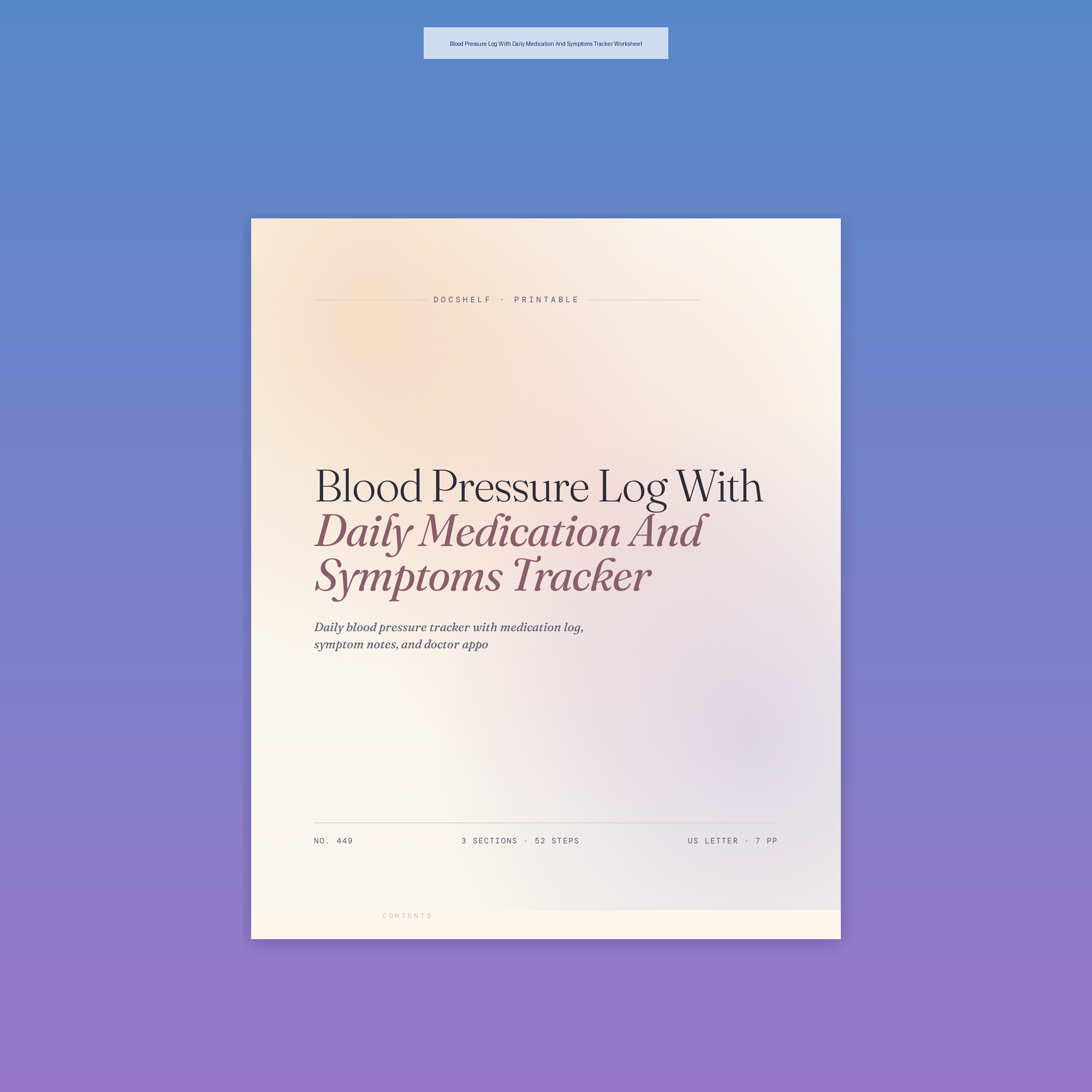 Blood Pressure Log With Daily Medication And Symptoms Tracker Worksheet